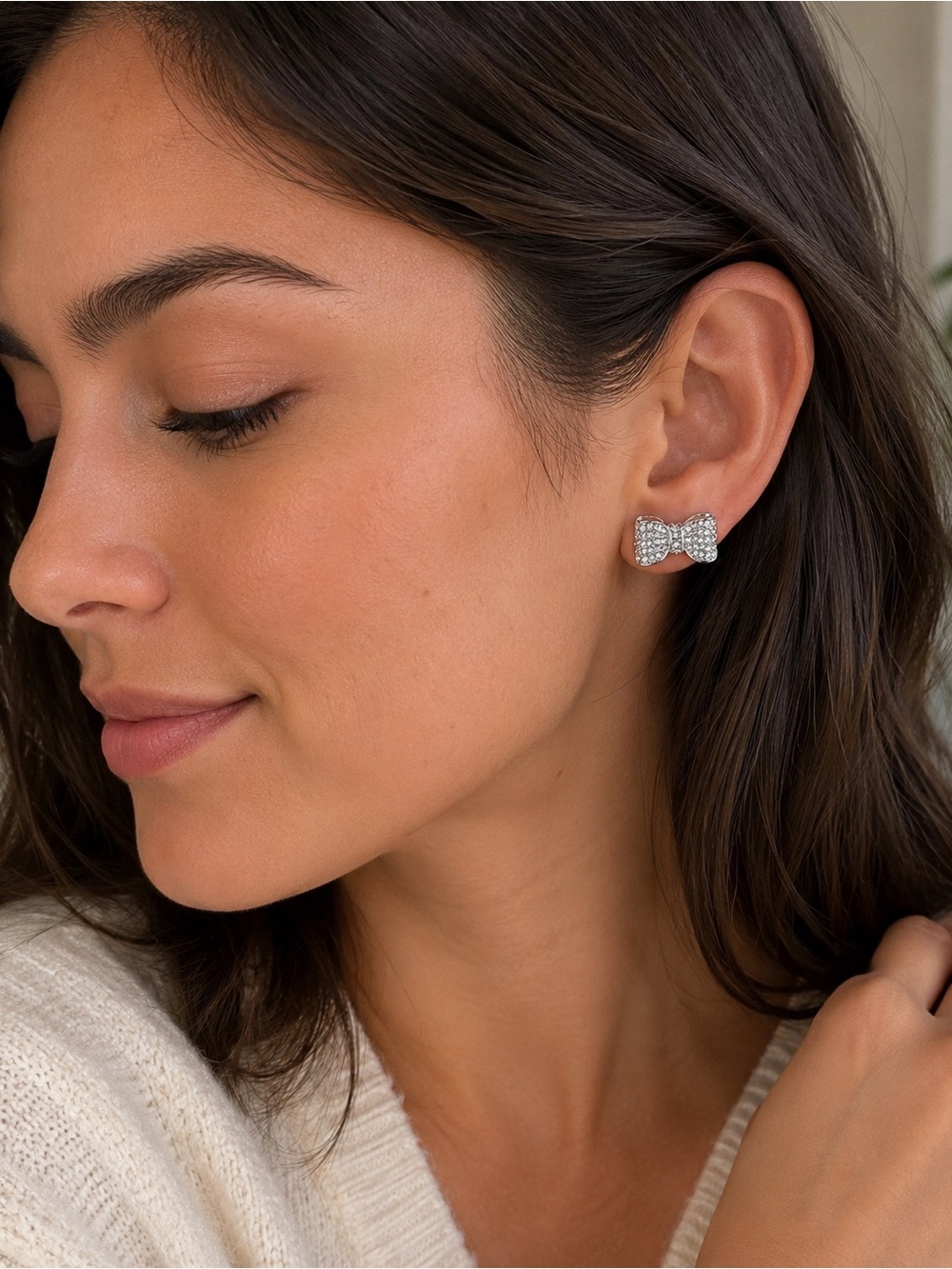 Dainty Bow Crystal Stud Earrings - Silver